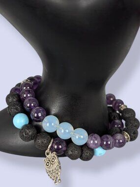 Pair of Amethyst, Opalite, & Black Lava Stone Stretch Bracelets